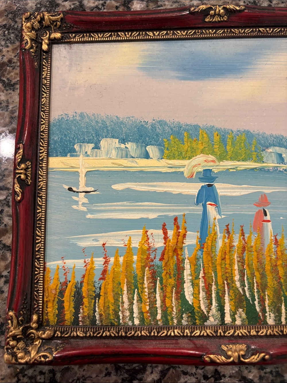 Framed OIL PAINTING Martha's Vineyard Cape Cod Sunset Lake Woman Girl Boat - Picture 2 of 8